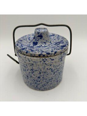 Vintage Blue & White Speckled Stoneware Butter Crock With Metal Bale Handle